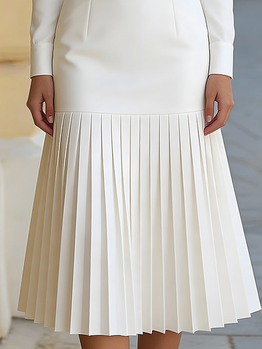 YaraLuxe White Turtleneck Long-Sleeve Pleated Midi Dress
