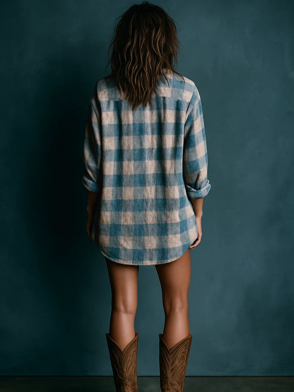 YaraLuxe Blue Stripe Plaid Henley Long Sleeve Loose Mini Dress