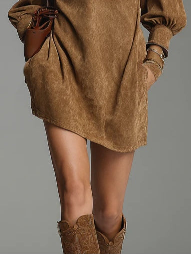 YaraLuxe Brown Turtleneck Mini Dress - Suede Zipper Loose