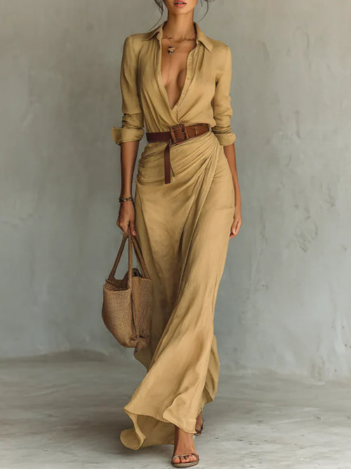 YaraLuxe Khaki Shirt Maxi Dress - Lapel & Draped Belted Fit