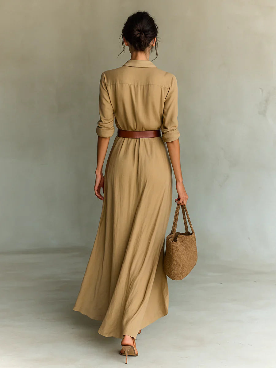 YaraLuxe Khaki Shirt Maxi Dress - Lapel & Draped Belted Fit