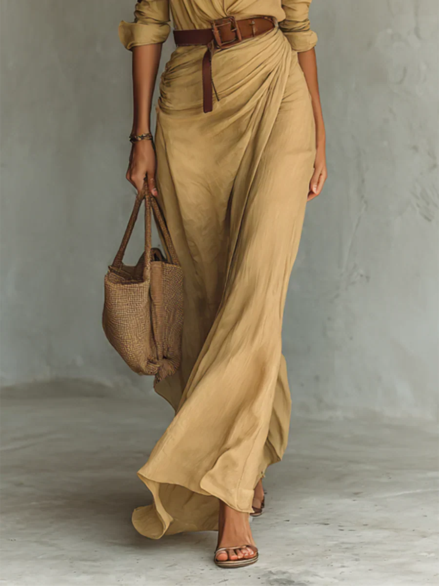 YaraLuxe Khaki Shirt Maxi Dress - Lapel & Draped Belted Fit