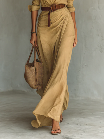 YaraLuxe Khaki Shirt Maxi Dress - Lapel & Draped Belted Fit