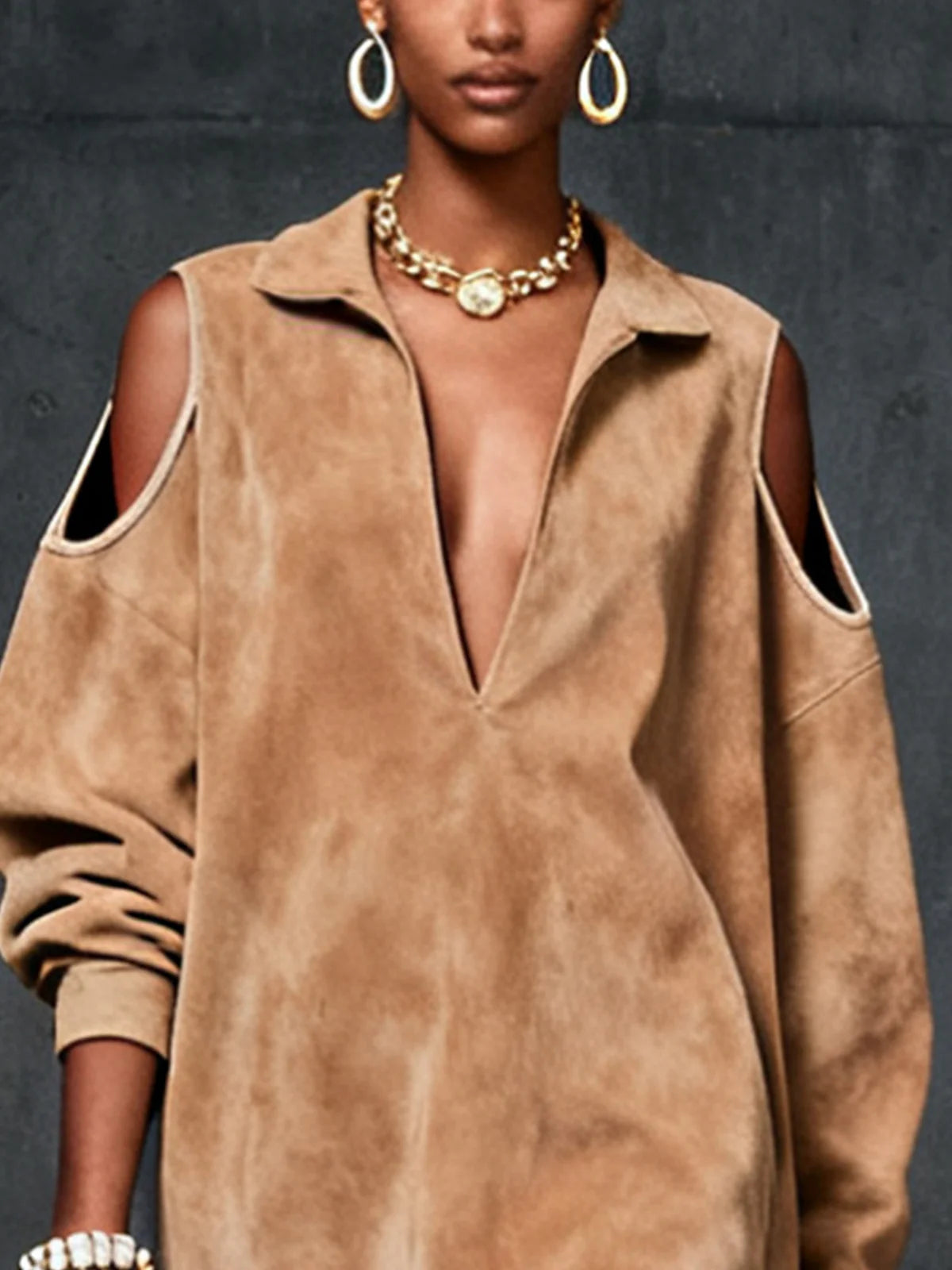 YaraLuxe Camel Faux Suede Cold Shoulder V-Neck Mini Dress