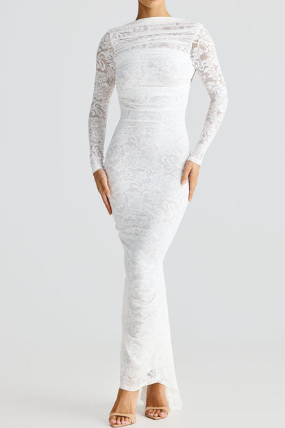 Chicyis Lace Maxi Dress - Elegant Hollowed Backless Bodycon Fit - CHICYIS