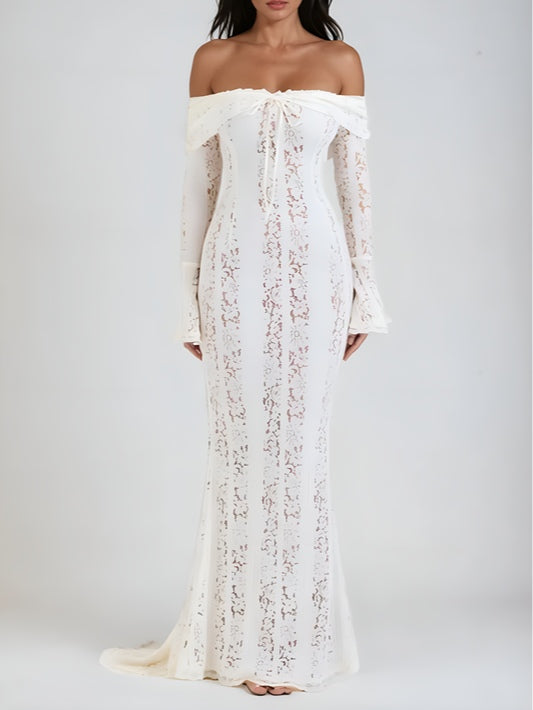 YaraLuxe White Lace Maxi Dress - Off-Shoulder & Long Sleeve Fit