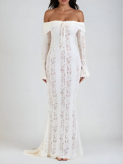 YaraLuxe White Lace Maxi Dress - Off-Shoulder & Long Sleeve Fit