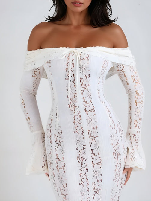 YaraLuxe White Lace Maxi Dress - Off-Shoulder & Long Sleeve Fit
