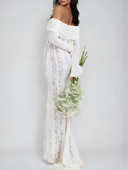 YaraLuxe White Lace Maxi Dress - Off-Shoulder & Long Sleeve Fit