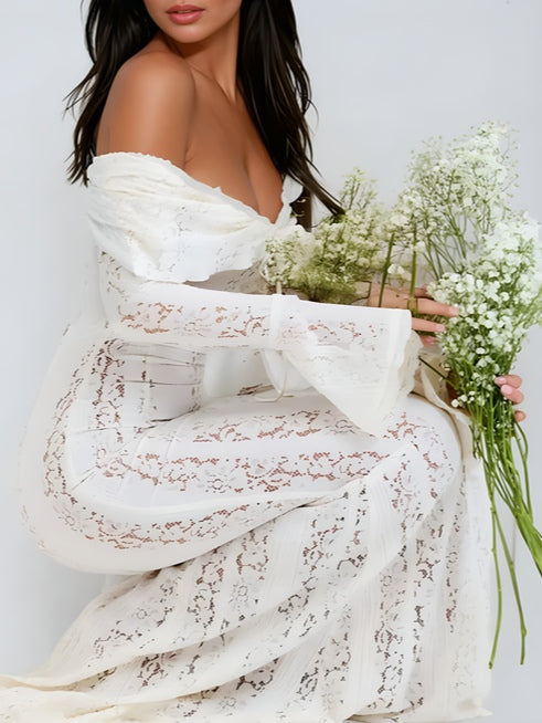 YaraLuxe White Lace Maxi Dress - Off-Shoulder & Long Sleeve Fit