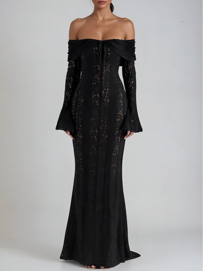 YaraLuxe White Lace Maxi Dress - Off-Shoulder & Long Sleeve Fit