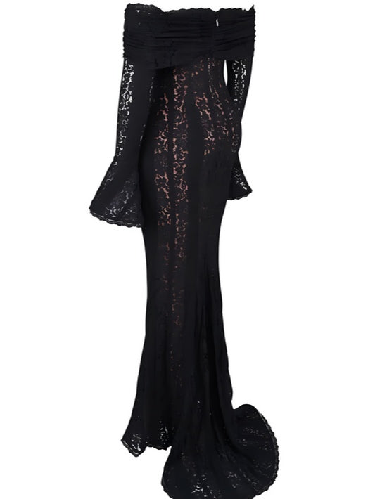 YaraLuxe White Lace Maxi Dress - Off-Shoulder & Long Sleeve Fit