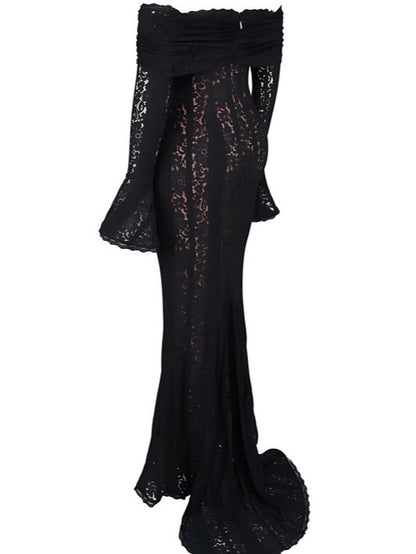 YaraLuxe White Lace Maxi Dress - Off-Shoulder & Long Sleeve Fit