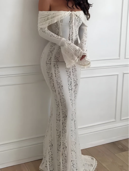 YaraLuxe White Lace Maxi Dress - Off-Shoulder & Long Sleeve Fit