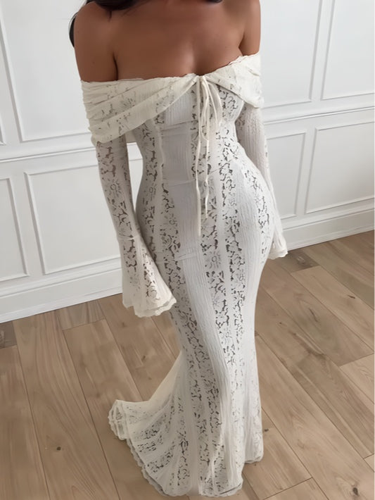 YaraLuxe White Lace Maxi Dress - Off-Shoulder & Long Sleeve Fit