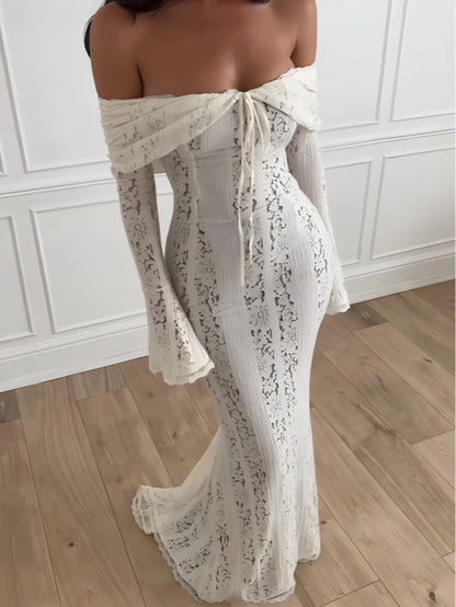 YaraLuxe White Lace Maxi Dress - Off-Shoulder & Long Sleeve Fit