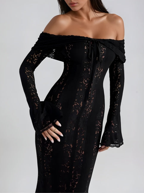 YaraLuxe White Lace Maxi Dress - Off-Shoulder & Long Sleeve Fit
