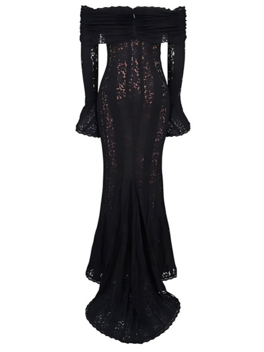 YaraLuxe White Lace Maxi Dress - Off-Shoulder & Long Sleeve Fit