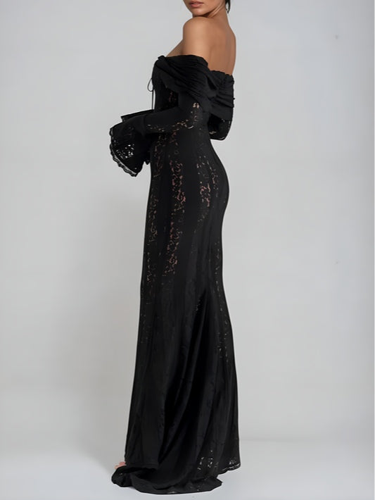 YaraLuxe White Lace Maxi Dress - Off-Shoulder & Long Sleeve Fit