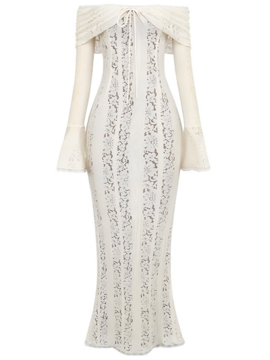 YaraLuxe White Lace Maxi Dress - Off-Shoulder & Long Sleeve Fit