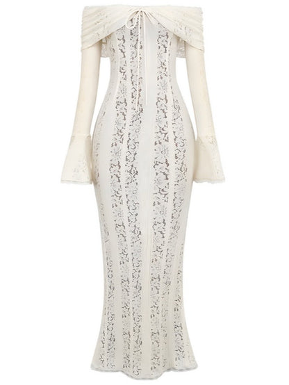 YaraLuxe White Lace Maxi Dress - Off-Shoulder & Long Sleeve Fit