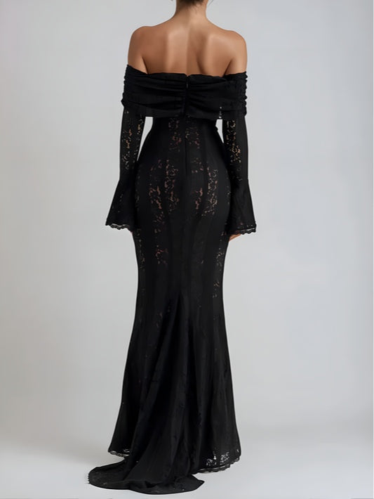 YaraLuxe White Lace Maxi Dress - Off-Shoulder & Long Sleeve Fit