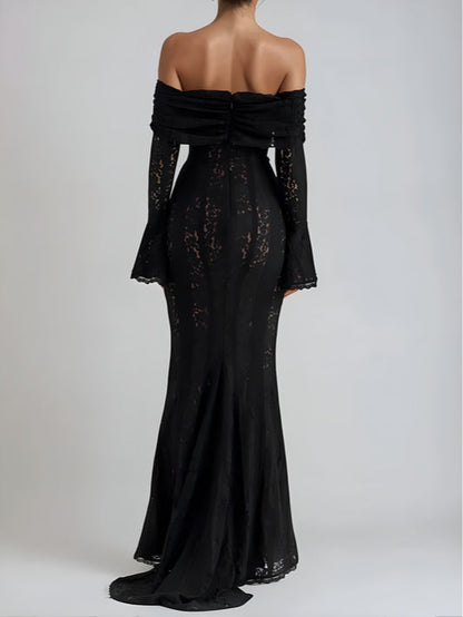 YaraLuxe White Lace Maxi Dress - Off-Shoulder & Long Sleeve Fit