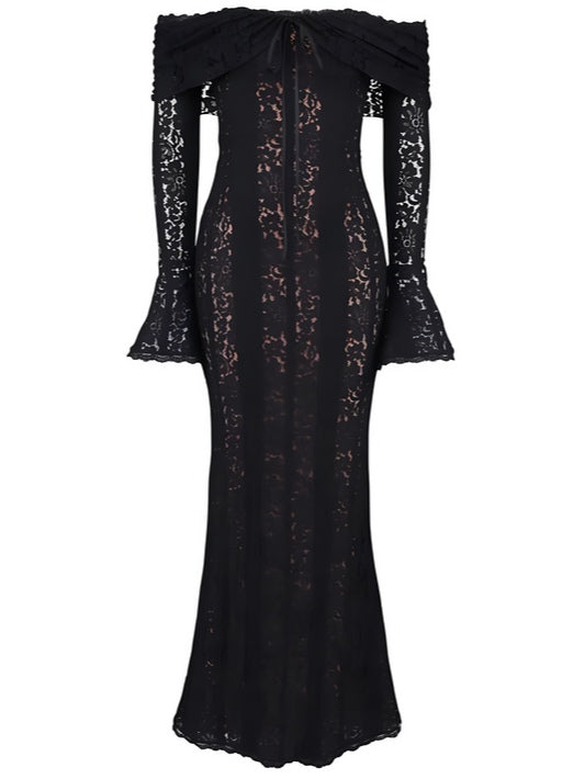 YaraLuxe White Lace Maxi Dress - Off-Shoulder & Long Sleeve Fit