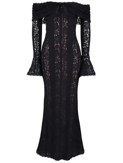 YaraLuxe White Lace Maxi Dress - Off-Shoulder & Long Sleeve Fit