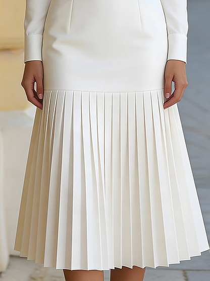 YaraLuxe White Turtleneck Long-Sleeve Pleated Midi Dress