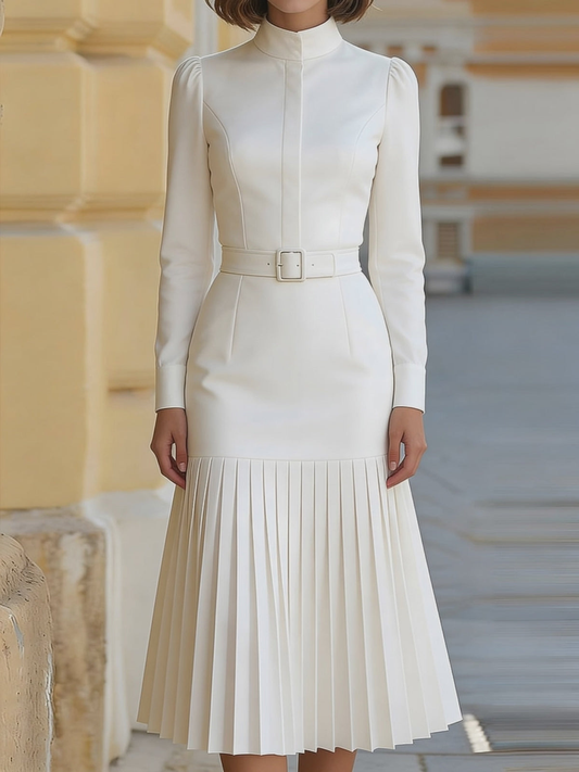 YaraLuxe White Turtleneck Long-Sleeve Pleated Midi Dress