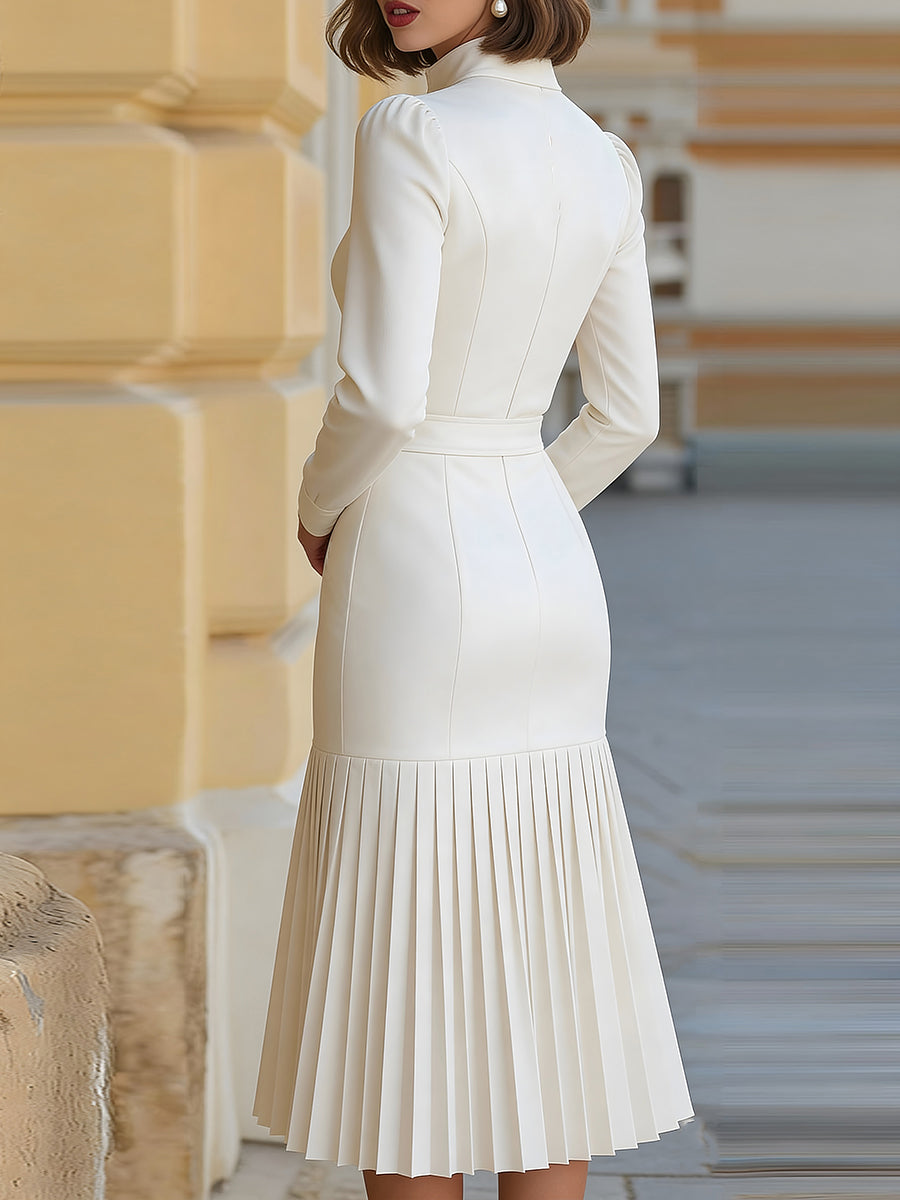 YaraLuxe White Turtleneck Long-Sleeve Pleated Midi Dress