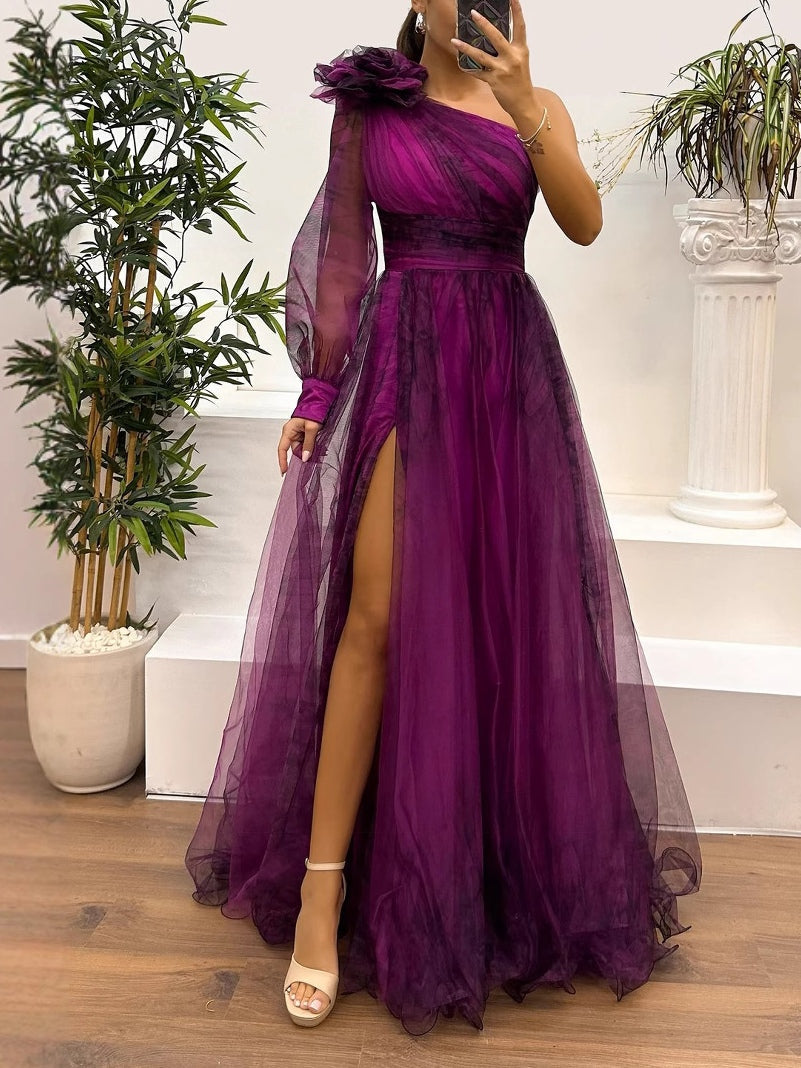 YaraLuxe One-Shoulder Maxi Dress - Gradient Mesh & Abstract Print