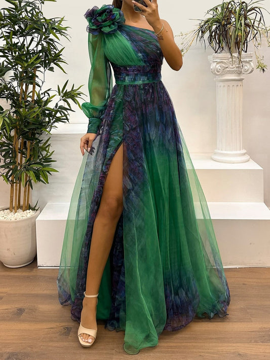 YaraLuxe One-Shoulder Maxi Dress - Gradient Mesh & Abstract Print