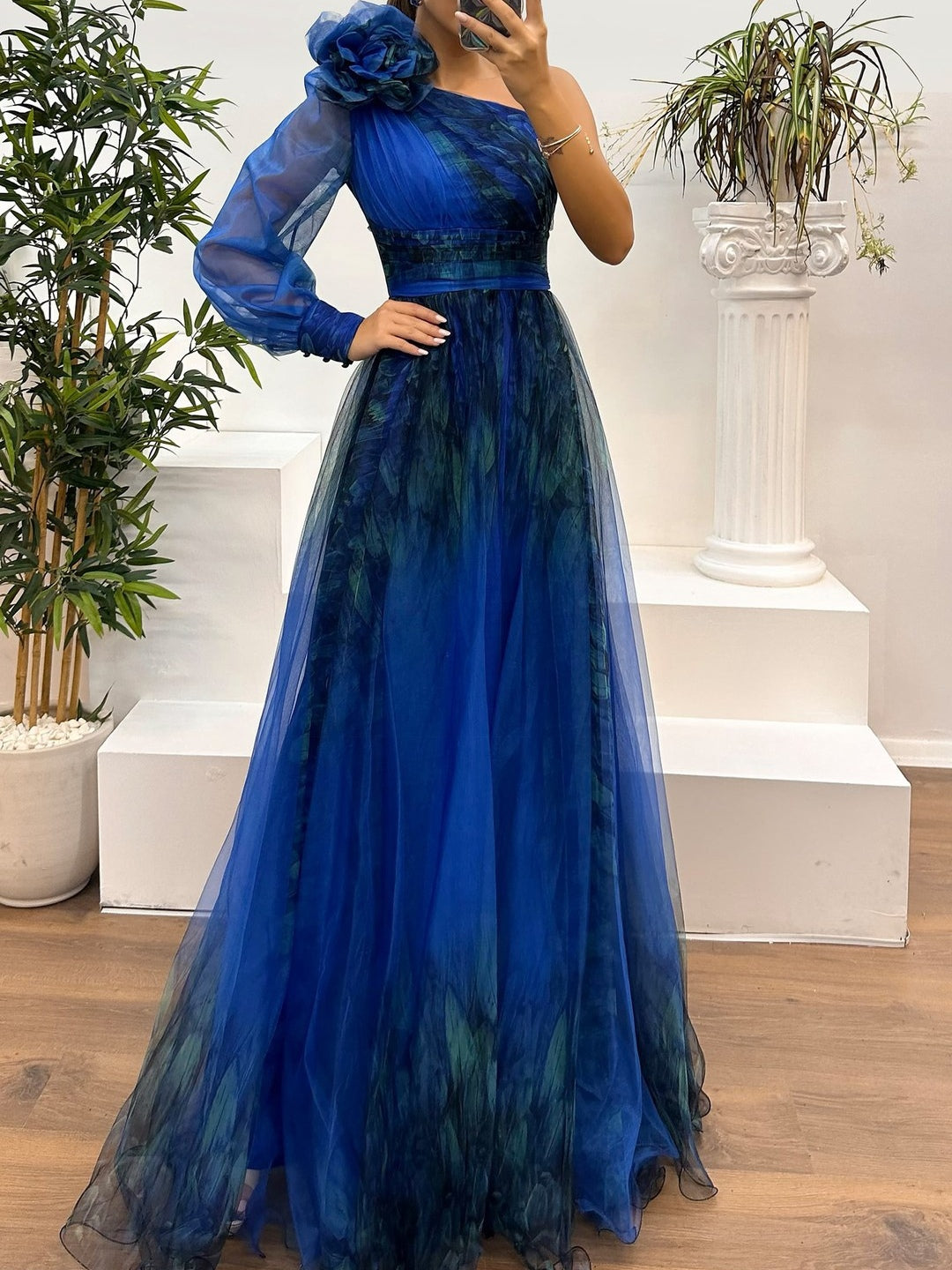YaraLuxe One-Shoulder Maxi Dress - Gradient Mesh & Abstract Print