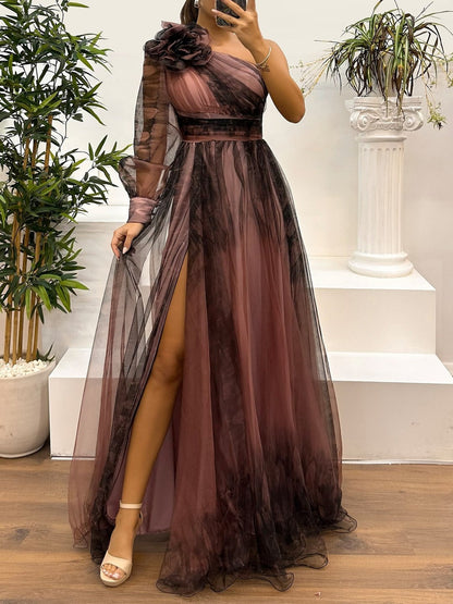 YaraLuxe One-Shoulder Maxi Dress - Gradient Mesh & Abstract Print