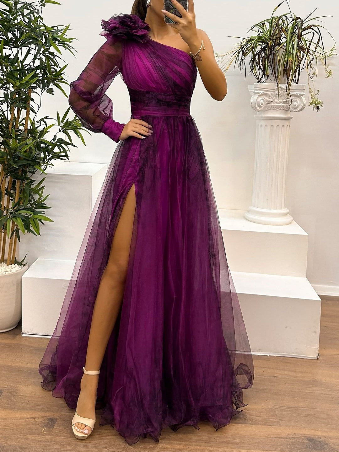 YaraLuxe One-Shoulder Maxi Dress - Gradient Mesh & Abstract Print