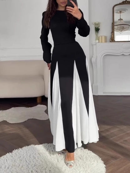 YaraLuxe Black & White Colorblock Dress - Elegant Round Neck Maxi