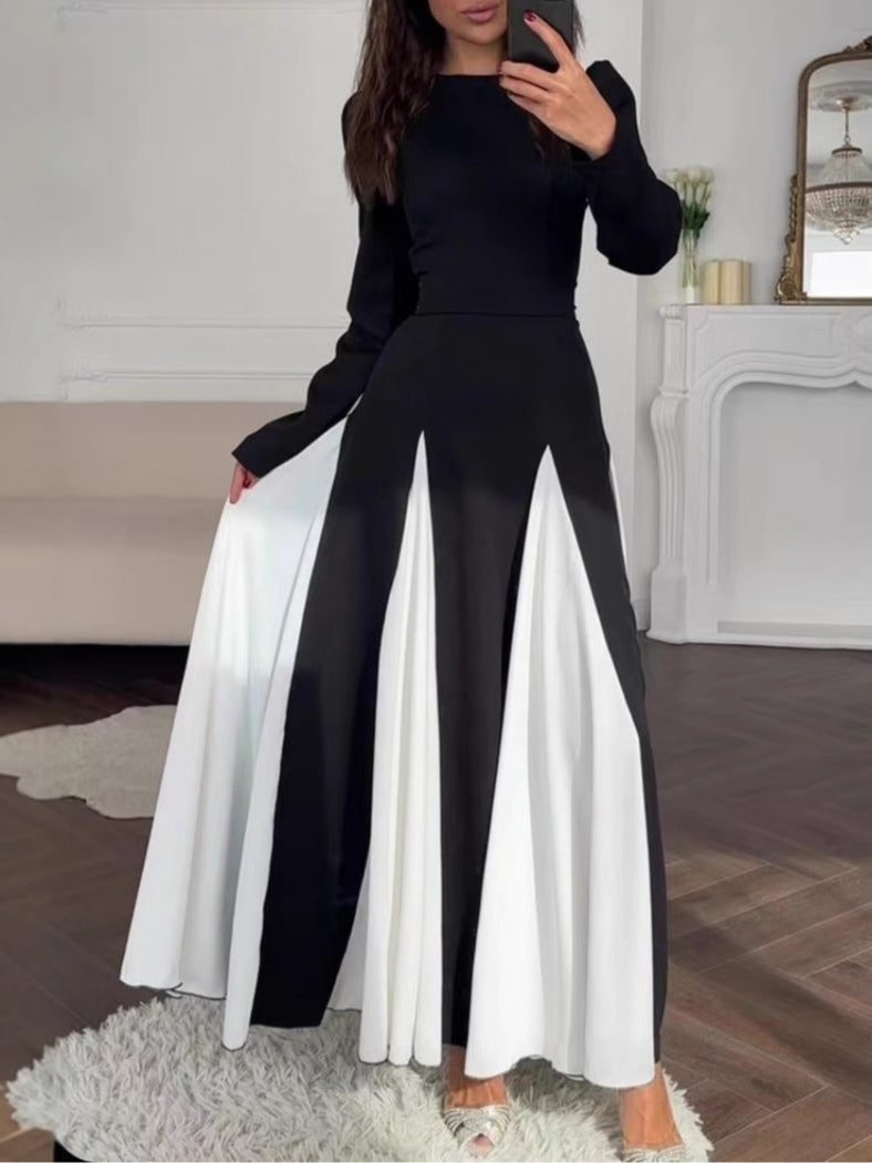 YaraLuxe Black & White Colorblock Dress - Elegant Round Neck Maxi