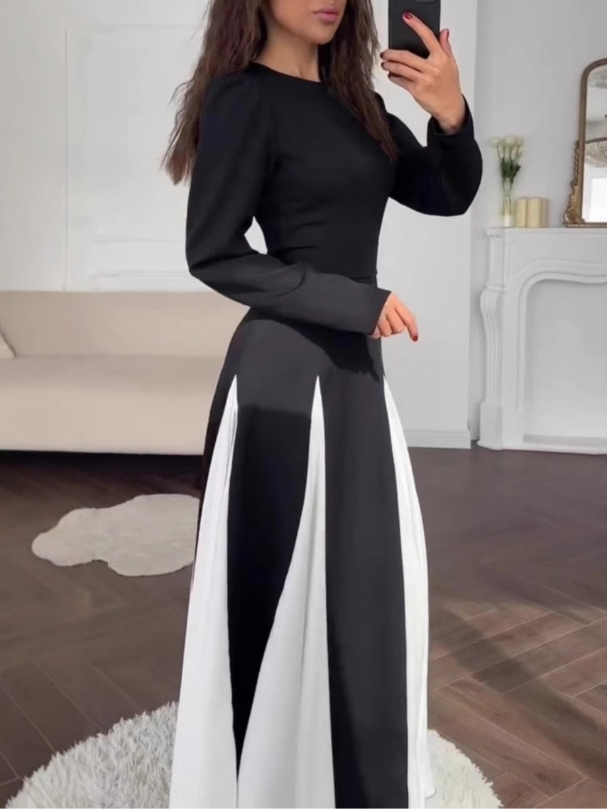 YaraLuxe Black & White Colorblock Dress - Elegant Round Neck Maxi