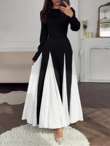 YaraLuxe Black & White Colorblock Dress - Elegant Round Neck Maxi