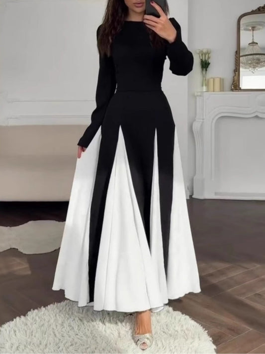 YaraLuxe Black & White Colorblock Dress - Elegant Round Neck Maxi