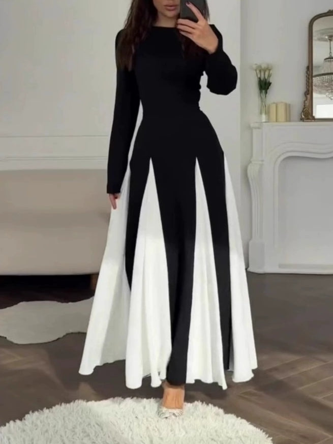 YaraLuxe Black & White Colorblock Dress - Elegant Round Neck Maxi