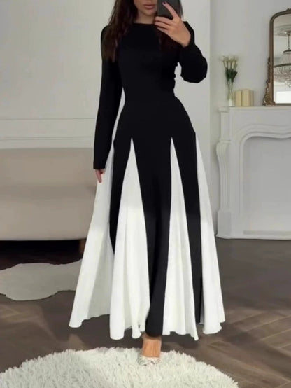YaraLuxe Black & White Colorblock Dress - Elegant Round Neck Maxi