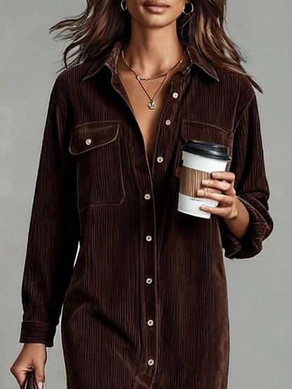 YaraLuxe Dark Brown Loose Corduroy Midi Dress - Single Breasted Fit
