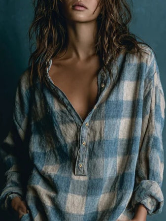 YaraLuxe Blue Stripe Plaid Henley Long Sleeve Loose Mini Dress