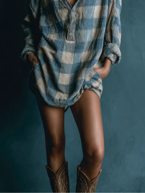 YaraLuxe Blue Stripe Plaid Henley Long Sleeve Loose Mini Dress