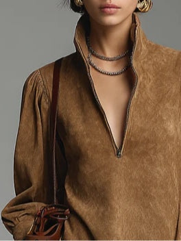 YaraLuxe Brown Turtleneck Mini Dress - Suede Zipper Loose