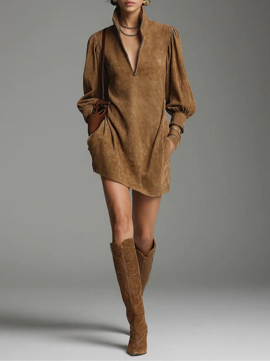 YaraLuxe Brown Turtleneck Mini Dress - Suede Zipper Loose