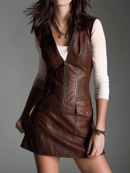 YaraLuxe Chocolate Brown Vegan Leather V-Neck Zip Mini Dress